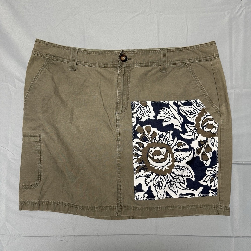 Eddie Bauer Women's Ripstop Cargo Skirt Size 18 Beige Floral Print Knee Cotton‎
